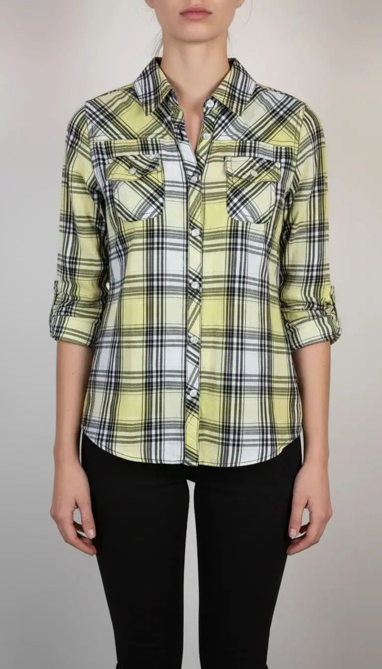 شومیز زنانه چهارخانه استوک کد ۵۲۰ رنگ سبز لیمویی سایز ۳۴ و ۳۶ پارچه نرم و راحت