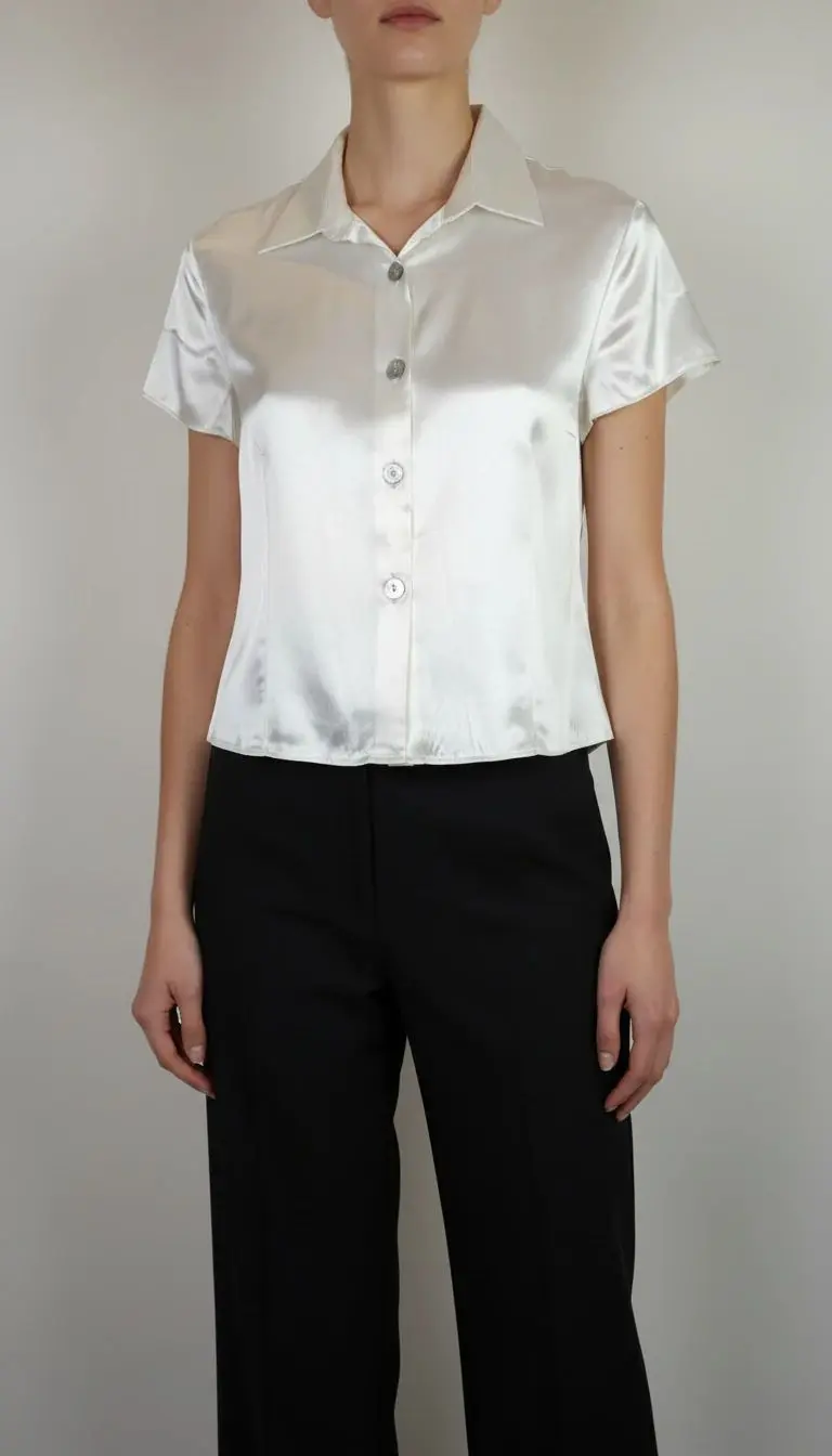 شومیز زنانه ساتن سفید استوک کد ۱۳۱ | مدل آستین کوتاه براق و شیک