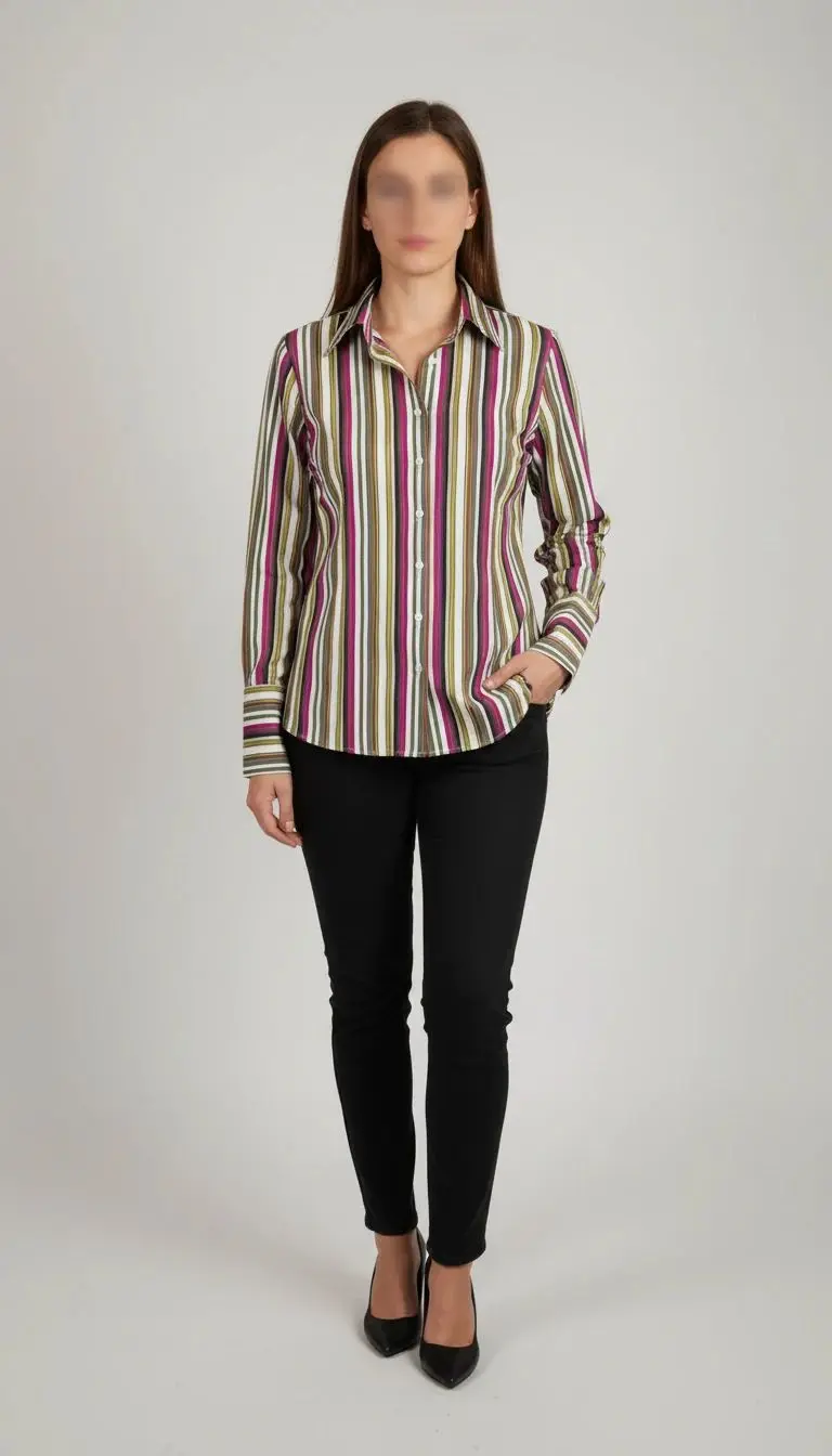 شومیز زنانه راه‌راه کد ۶۳۸ | مدل یقه‌دار آستین‌بلند زرماه گالری