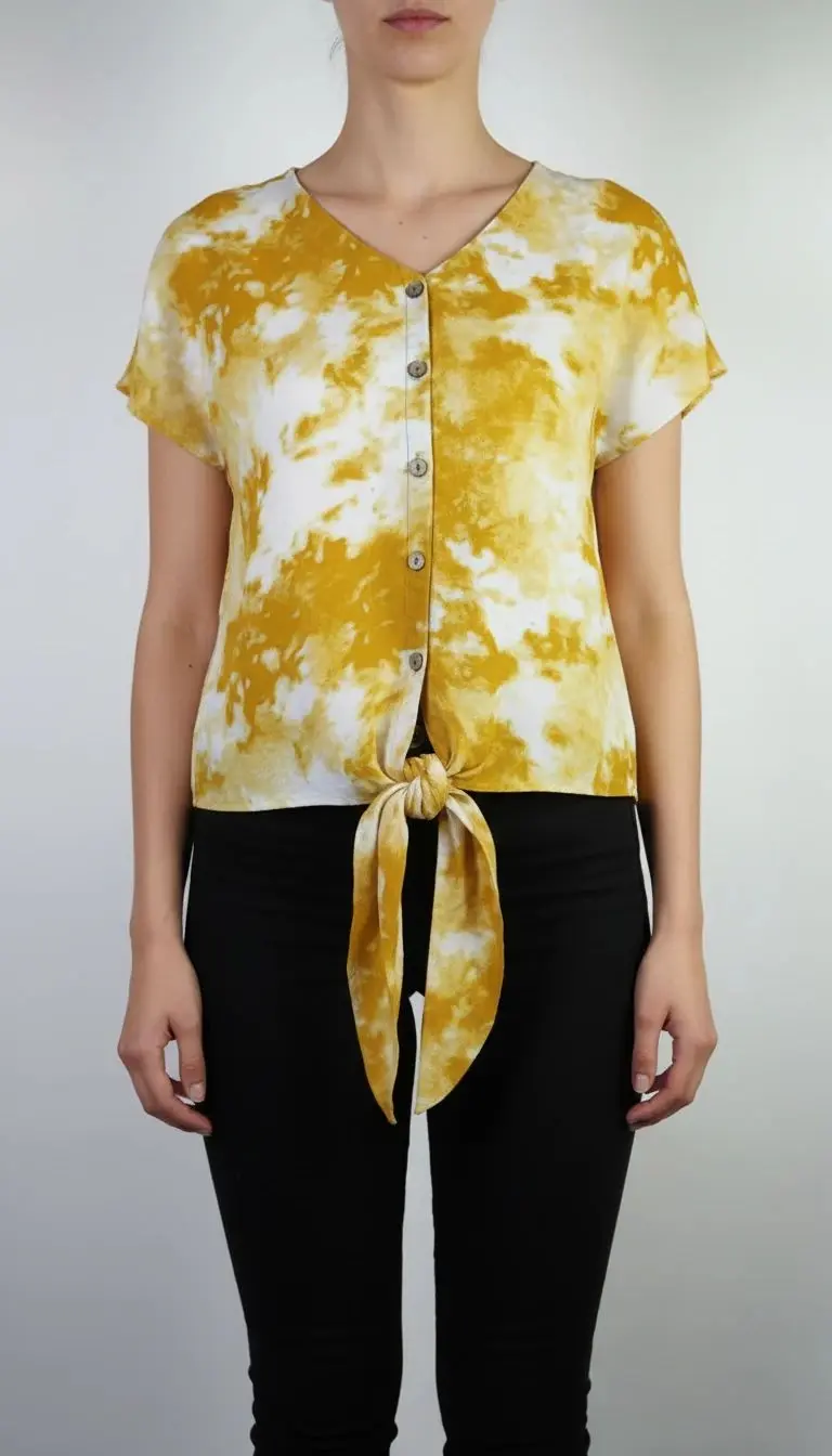 شومیز نیم‌تنه زنانه زرد و سفید استوک کد ۵۳ | مدل گره‌دار تابستانی زرماه گالری