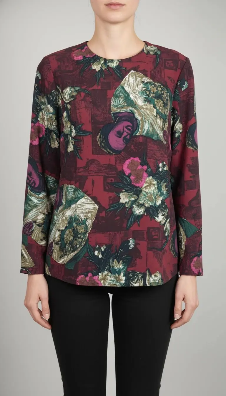 شومیز زنانه گل‌دار زرشکی استوک کد ۸۲۳ | مدل یقه‌گرد کلاسیک زرماه گالری