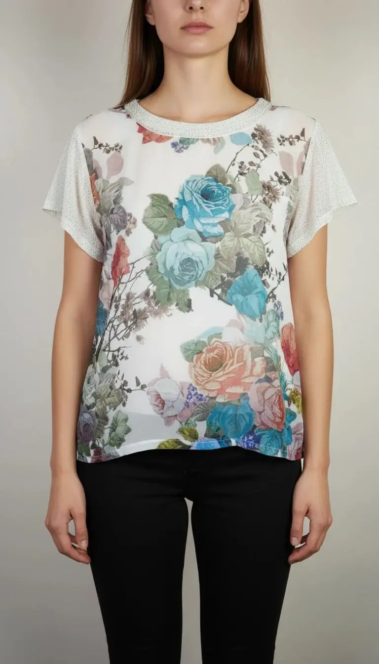 شومیز زنانه استوک کد ۱۵۵ | شومیز سفید با طرح رنگی انتزاعی سایز ۳۸–۴۰ | زرماه گالری 🎨