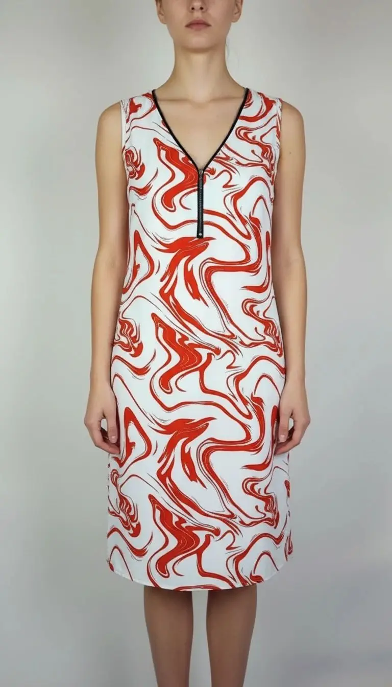 پیراهن زنانه استوک کد ۱۱۰۸ | مدل بدون آستین با طرح انتزاعی قرمز و سفید سایز ۳۸–۴۰ | زرماه گالری ❤️✨