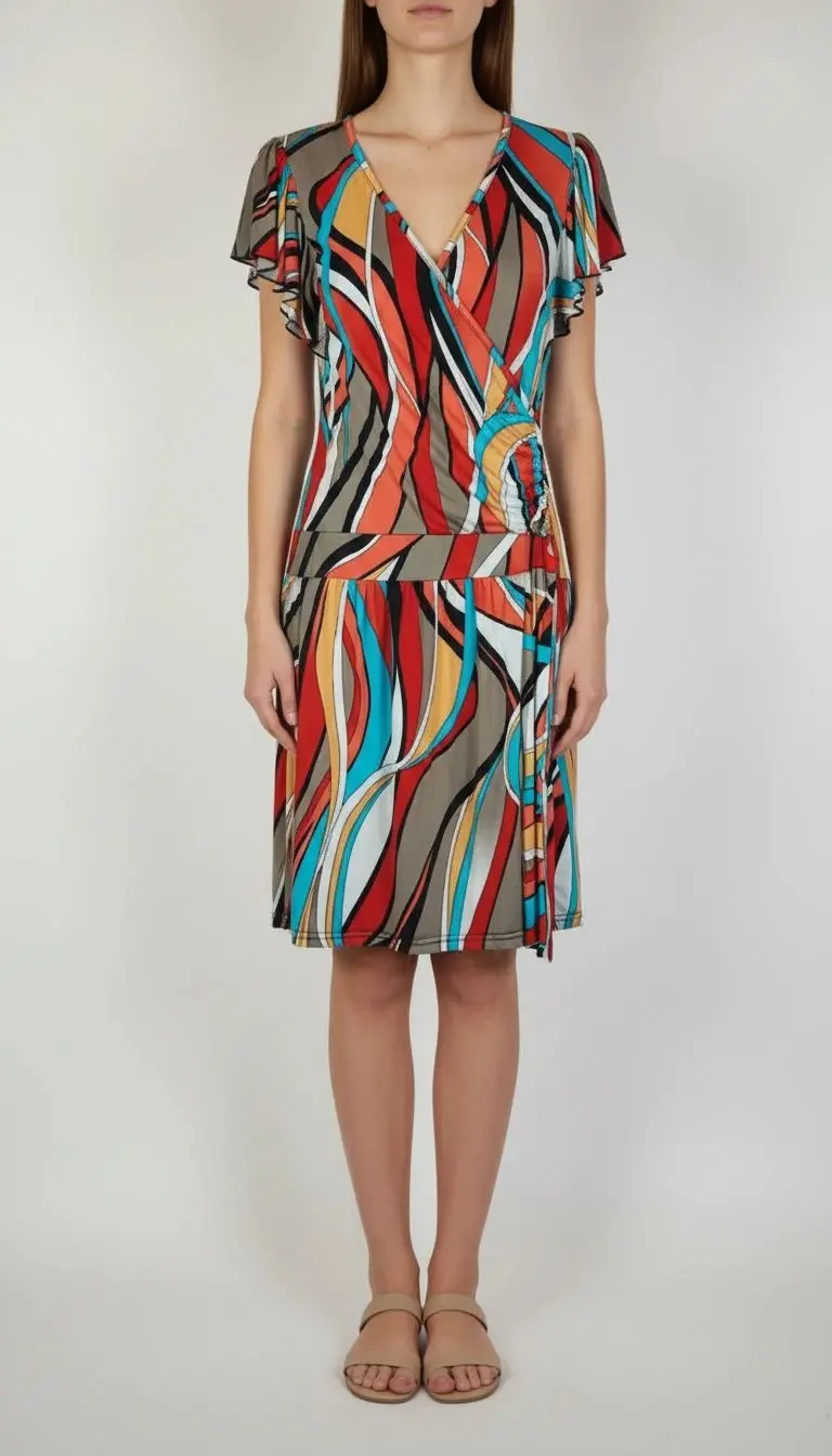 پیراهن زنانه استوک کد ۱۰۹۸ | مدل آستین‌کوتاه طرح‌دار رنگی با یقه‌ هفت سایز ۳۸–۴۰ | زرماه گالری 🌈✨