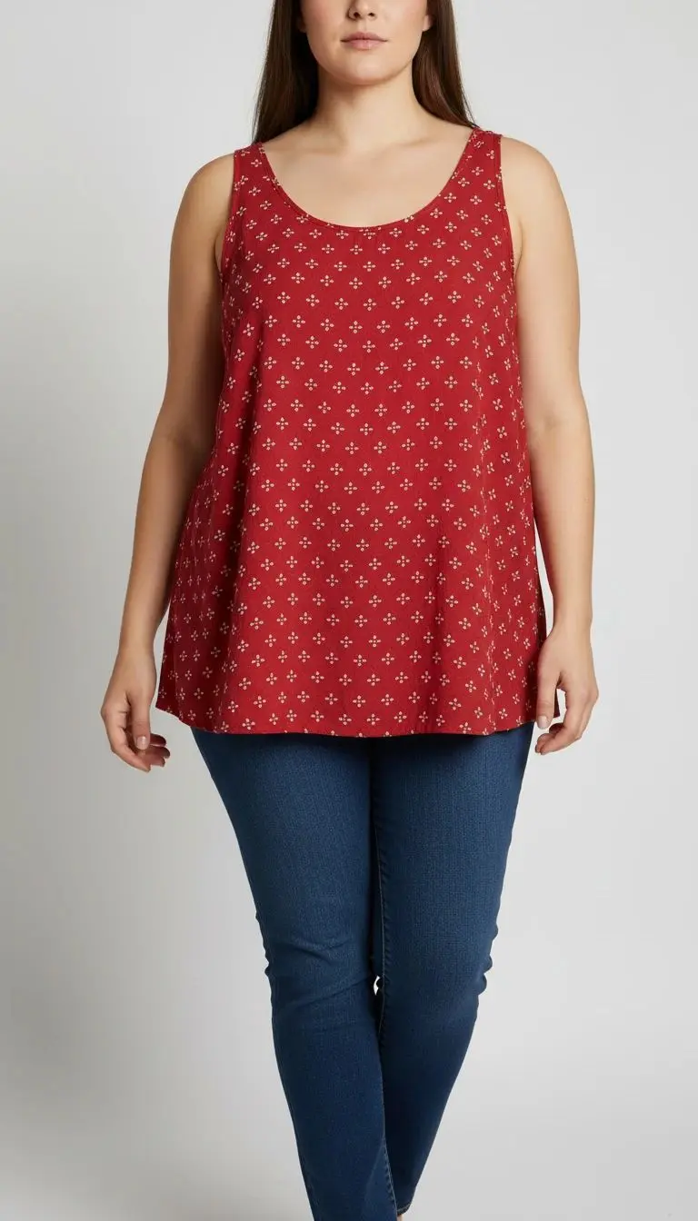 تاپ زنانه سایز بزرگ استوک کد ۱۳۷۶ | تاپ نخی قرمز طرحدار آزاد و راحت سایز ۴۸–۵۰ با تن‌خور خنک | زرماه گالری ❤️✨