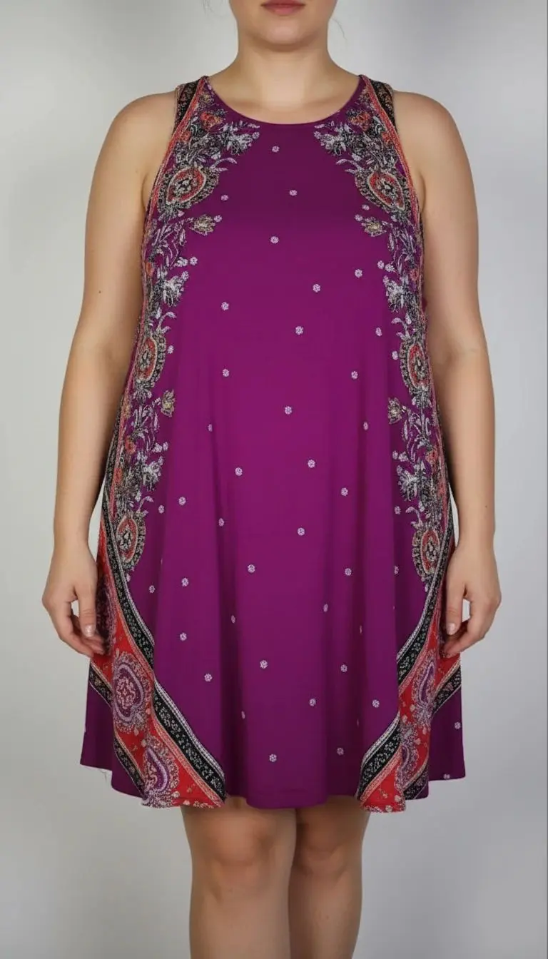 تاپ زنانه سایز بزرگ استوک کد ۱۳۴۴ | تونیک بدون‌آستین بنفش طرحدار آزاد و خنک سایز ۴۴–۴۶ | زرماه گالری