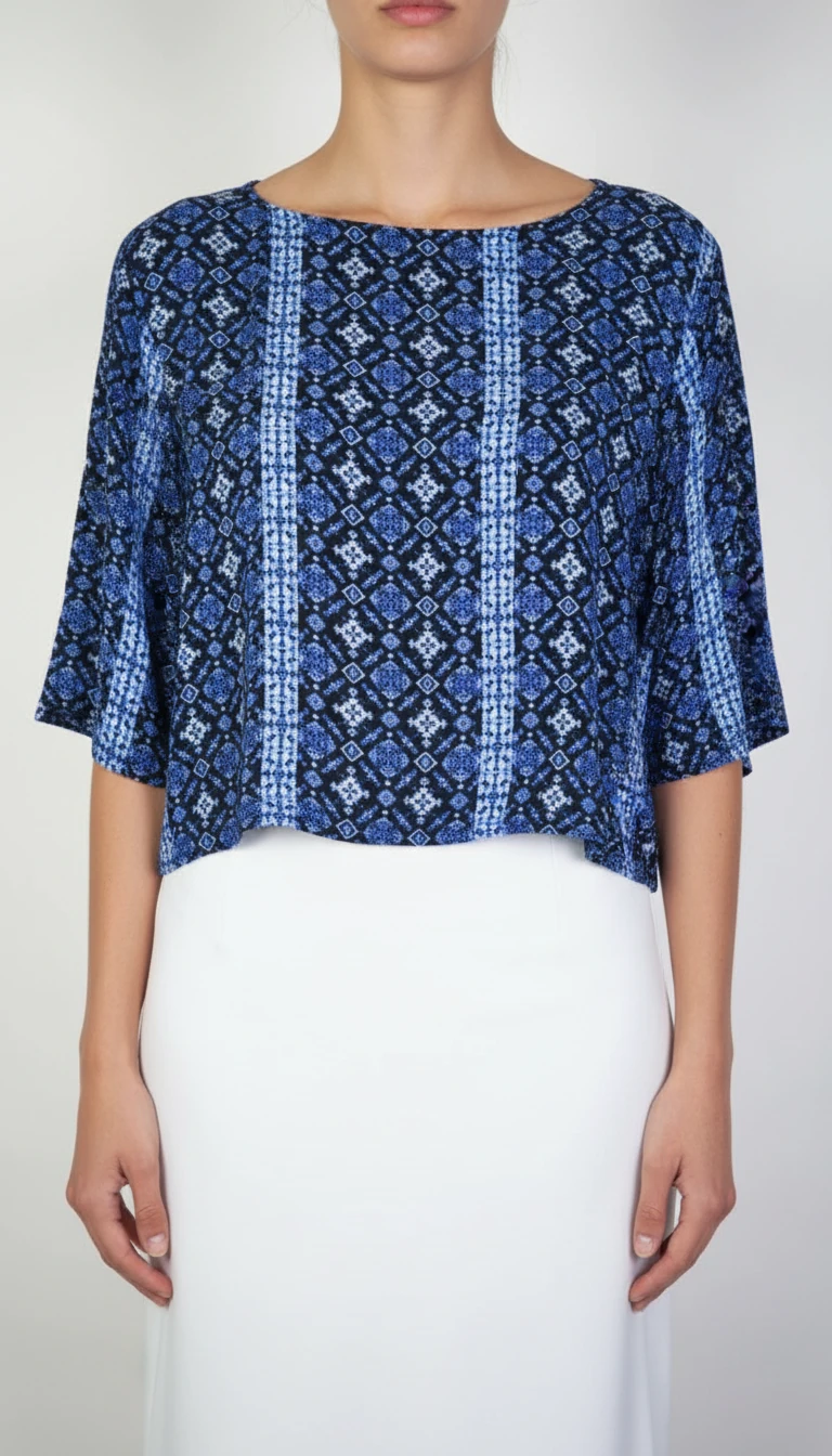 شومیز نیم‌تنه زنانه استوک کد ۱۴۱۵ | نیم‌تنه آبی طرحدار سبک و خنک مناسب سایز ۴۰–۴۲ | زرماه گالری