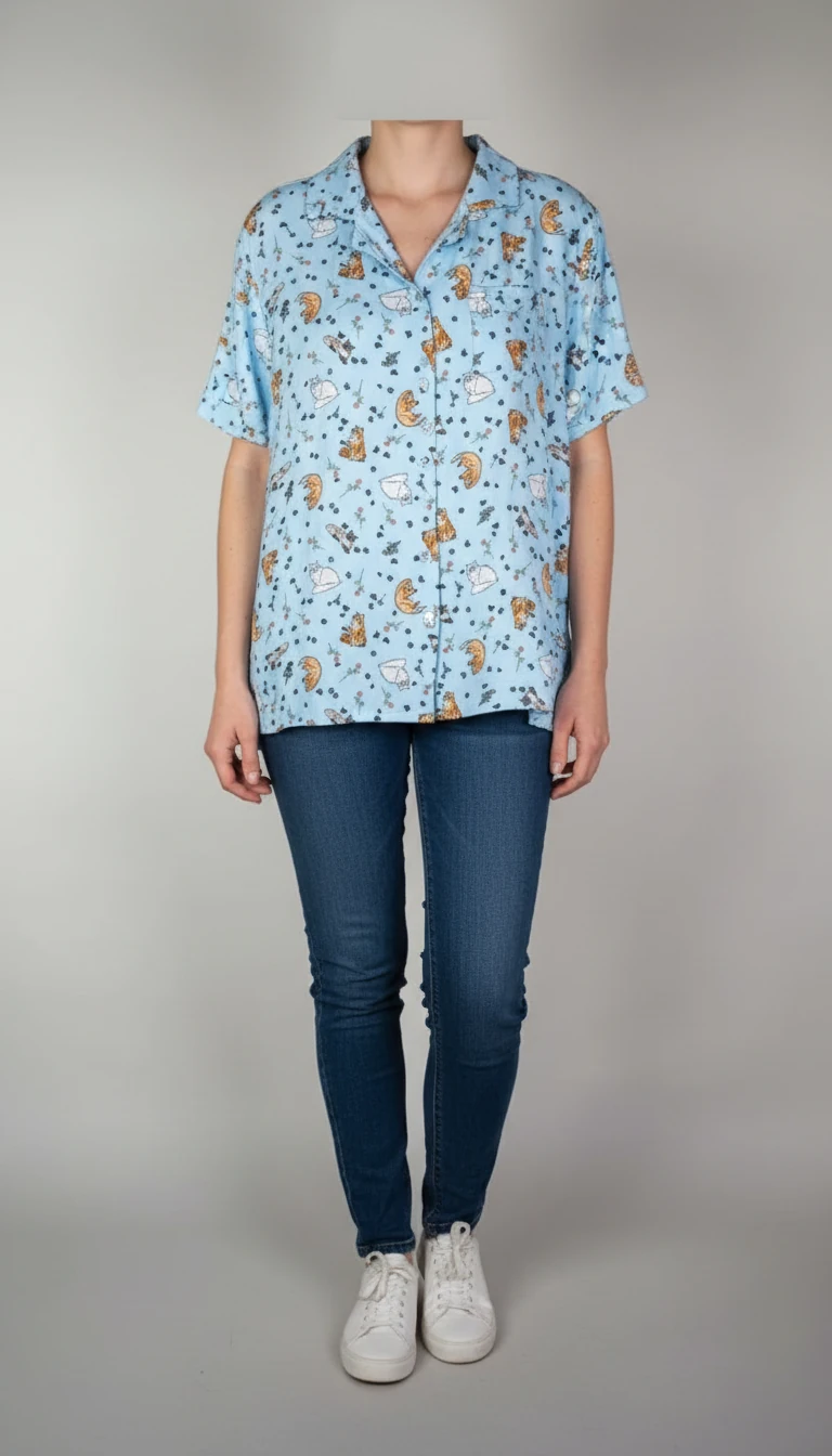 تصویر تمام‌قد زنی با شومیز آبی روشن طرح‌دار و آستین کوتاه که با شلوار جین تیره و کفش سفید ست شده است. فرم لباس آزاد و راحت است.»