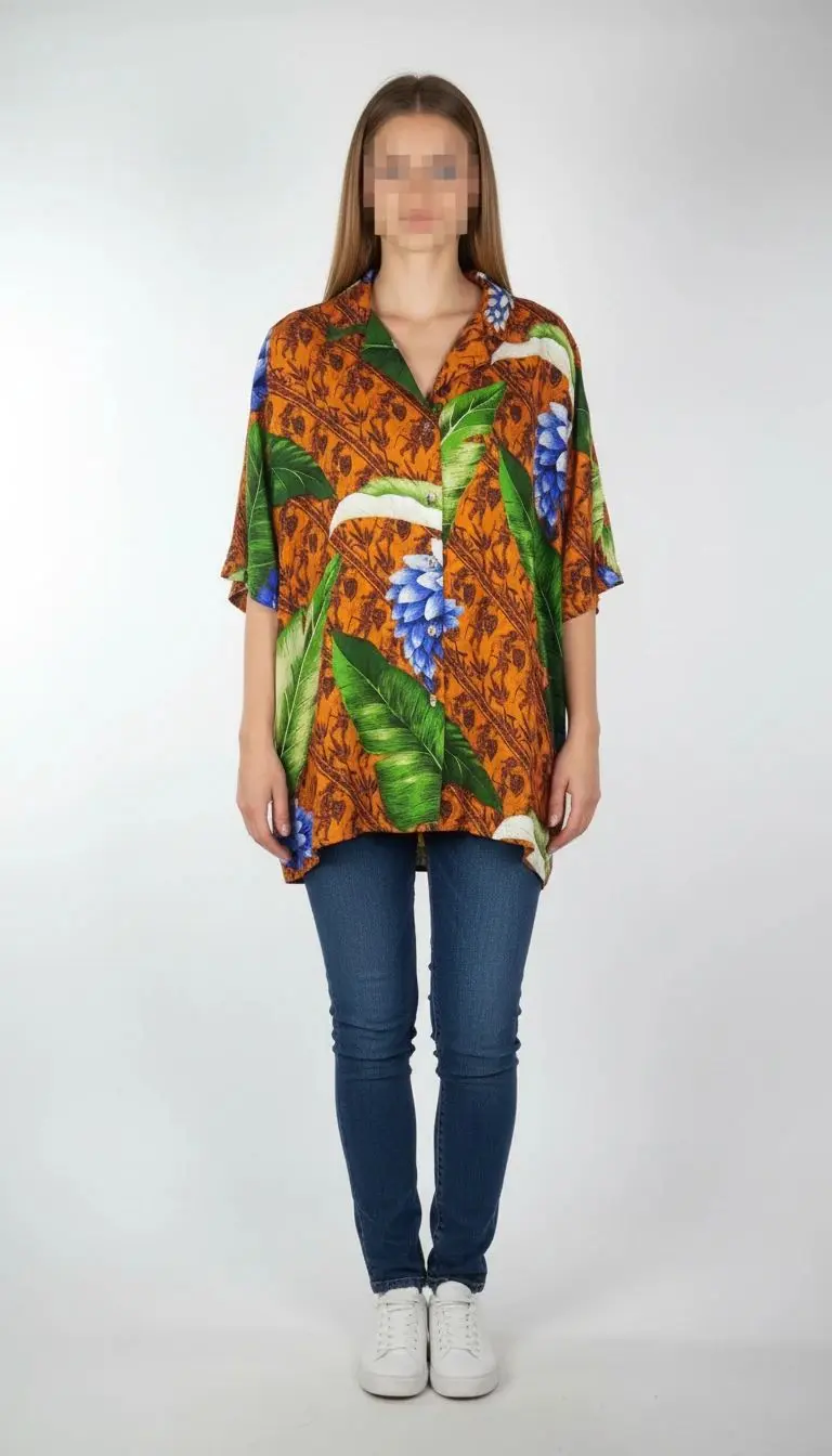 تصویر تمام‌قد زنی با شومیز آزاد و رنگیِ طرح‌دار در ترکیب نارنجی، سبز و بنفش و آستین کوتاه، ست‌شده با شلوار جین تیره. پس‌زمینه سفید و ساده است.»