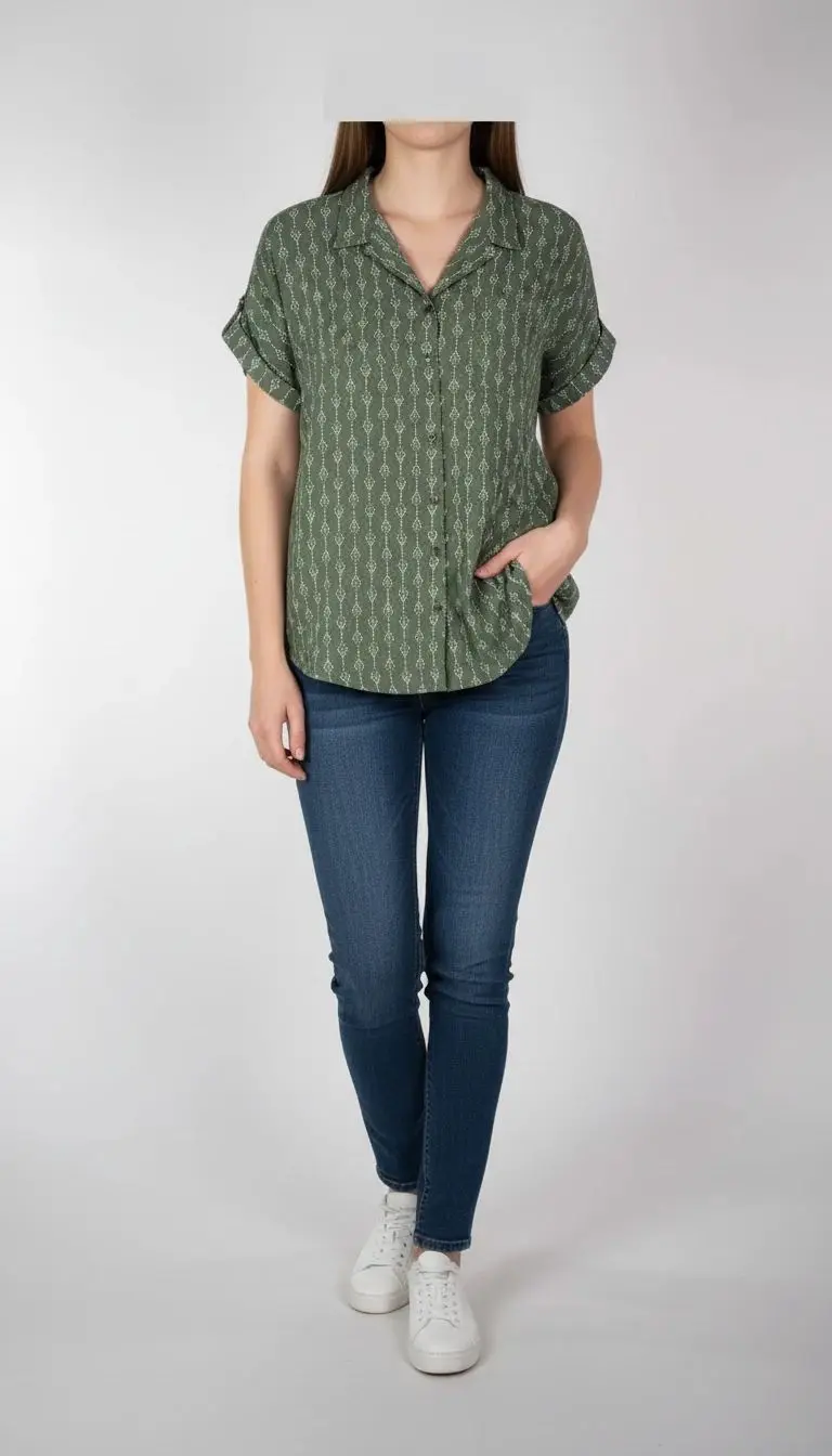 تصویر تمام‌قد زنی با شومیز سبز یشمی با یقه هفت و آستین کوتاه، ست‌شده با شلوار جین تیره. پس‌زمینه سفید و ساده است.»