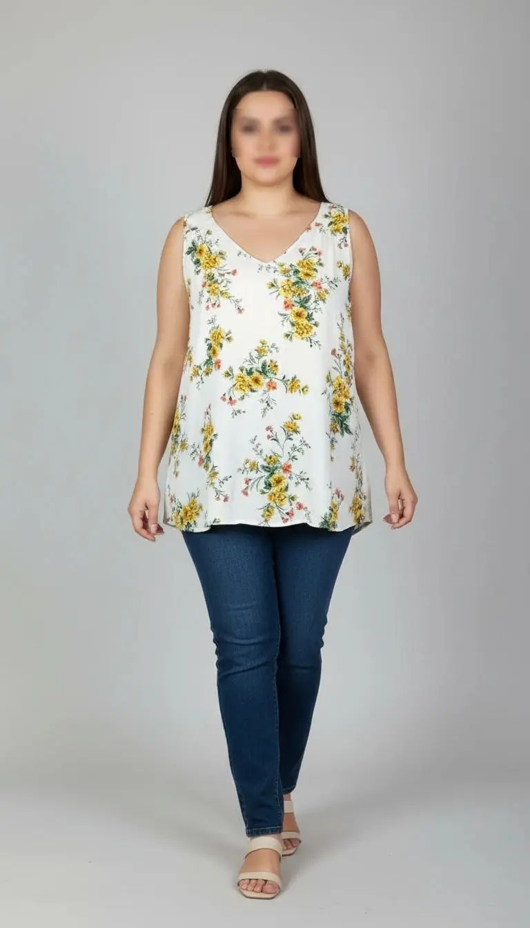 تصویر تمام‌قد زنی با تاپ بدون‌آستین روشنِ طرح‌دار با یقه هفت، ست‌شده با شلوار جین تیره. پس‌زمینه سفید و ساده است