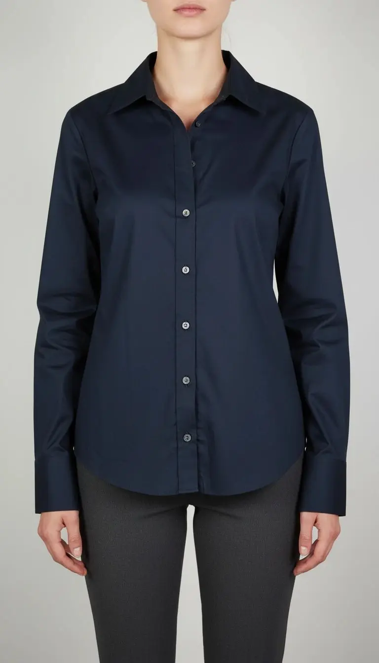 تصویر نیم‌قد زنی با شومیز مشکی دکمه‌دار آستین‌بلند و یقه‌برگردان در پس‌زمینه ساده، بدون نمایش چهره.»