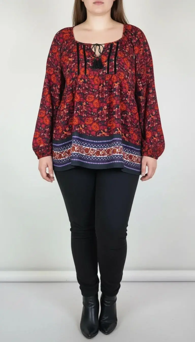 زن با شومیز سایز بزرگ آستین‌بلند به رنگ قرمز تیره با طرح‌های افقی در لبه پایین و آستین‌ها دیده می‌شود. یقه لباس باز و بنددار است و با شلوار مشکی ست شده.»