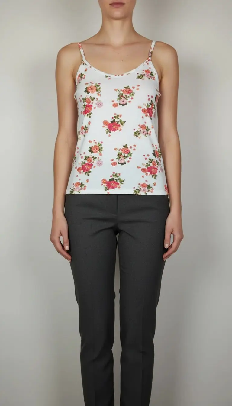 زن با تاپ بندی سفید طرحدار با فرم جذب و بندهای نازک دیده میشود. طرح لباس شامل نقشهای رنگی ملایم است و با شلوار مشکی ست شده.»