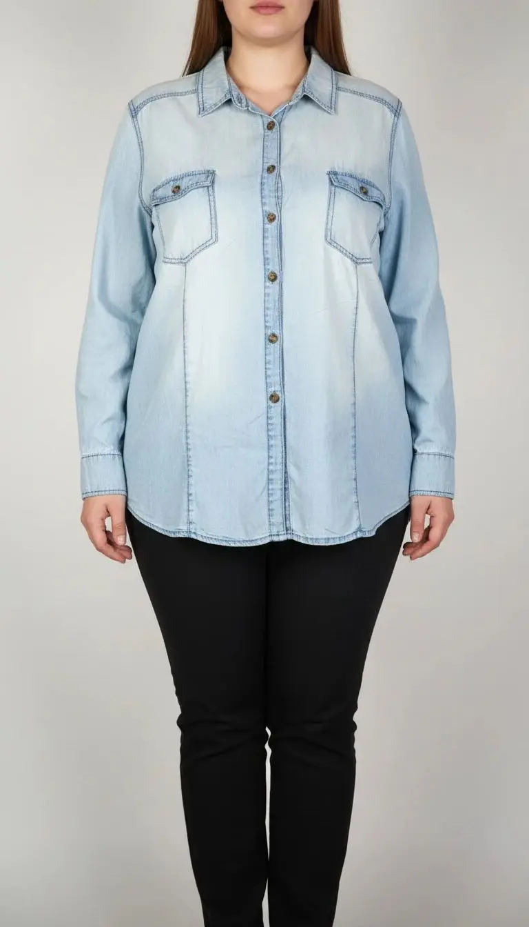 زن با شومیز جین آبی روشن سایز بزرگ و آستین‌بلند که جلو آن دکمه‌دار و دارای دو جیب سینه است، در پس‌زمینه روشن ایستاده.»