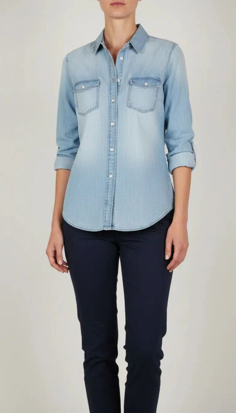 زن با شومیز جین آبی روشن دکمهدار و آستینبلند که تا آرنج رول شده و دارای دو جیب روی سینه است، در پسزمینه روشن ایستاده.»