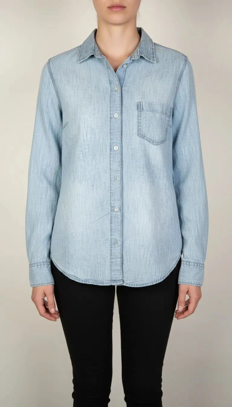 زن با شومیز جین آبی روشن دکمه‌دار و آستین‌بلند، دارای یقه‌برگردان و یک جیب سینه، در پس‌زمینه روشن ایستاده است.»