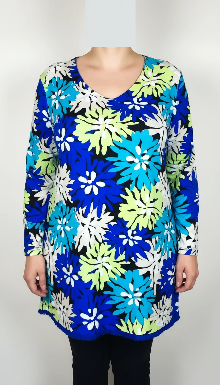 زن « با بلوز شومیز سایز بزرگ با طرح گل‌های آبی، سبز و زرد و آستین‌بلند، در پس‌زمینه روشن ایستاده است.»