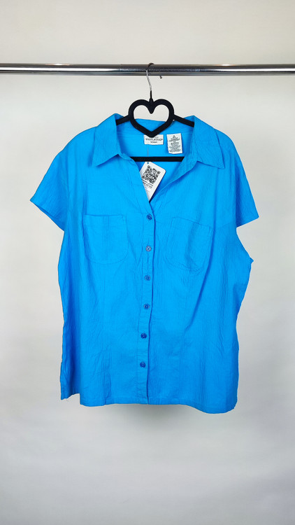 زن با شومیز آبی روشن آستینکوتاه و دکمهدار، دارای یقه برگردان، ایستاده در پسزمینه روشن