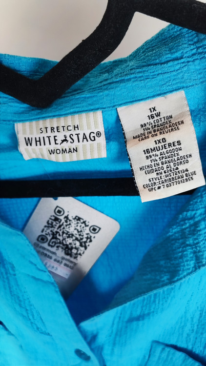 زن با شومیز آبی روشن آستینکوتاه و دکمهدار، دارای یقه برگردان، ایستاده در پسزمینه روشن