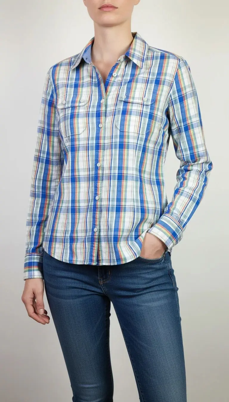 شومیز زنانه چهارخانه آبی استوک کد ۳۸۳ | شومیز اروپایی خوش‌دوخت سایز ۳۴‑۳۶