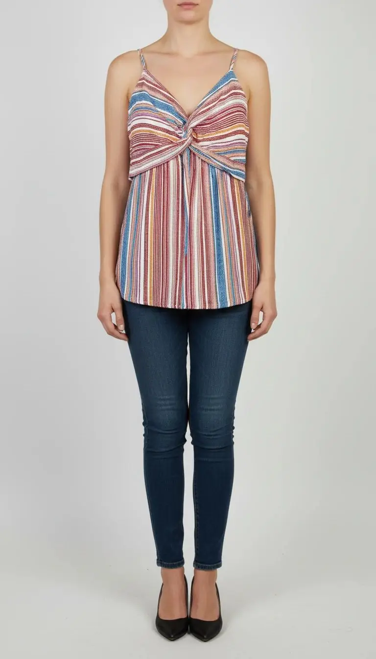 زن با تاپ بندی طرحدار راه‌راه با رنگ‌های صورتی، طوسی و سفید، یقه هفت و فرم آزاد، همراه با شلوار جین تیره در پس‌زمینه روشن ایستاده است.»