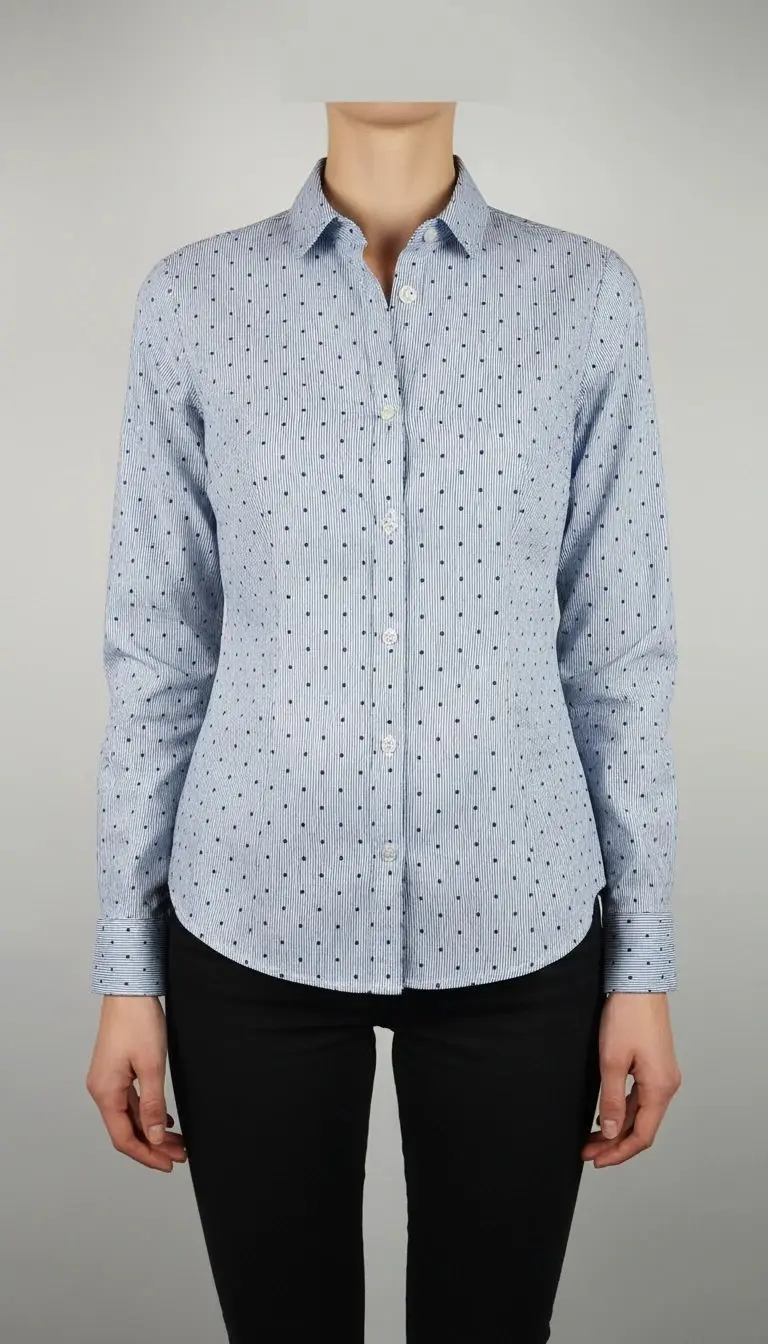 زن با شومیز آبیروشن دکمهدار و یقهبرگردان، آستینبلند و بدون طرح، در پسزمینه روشن ایستاده است