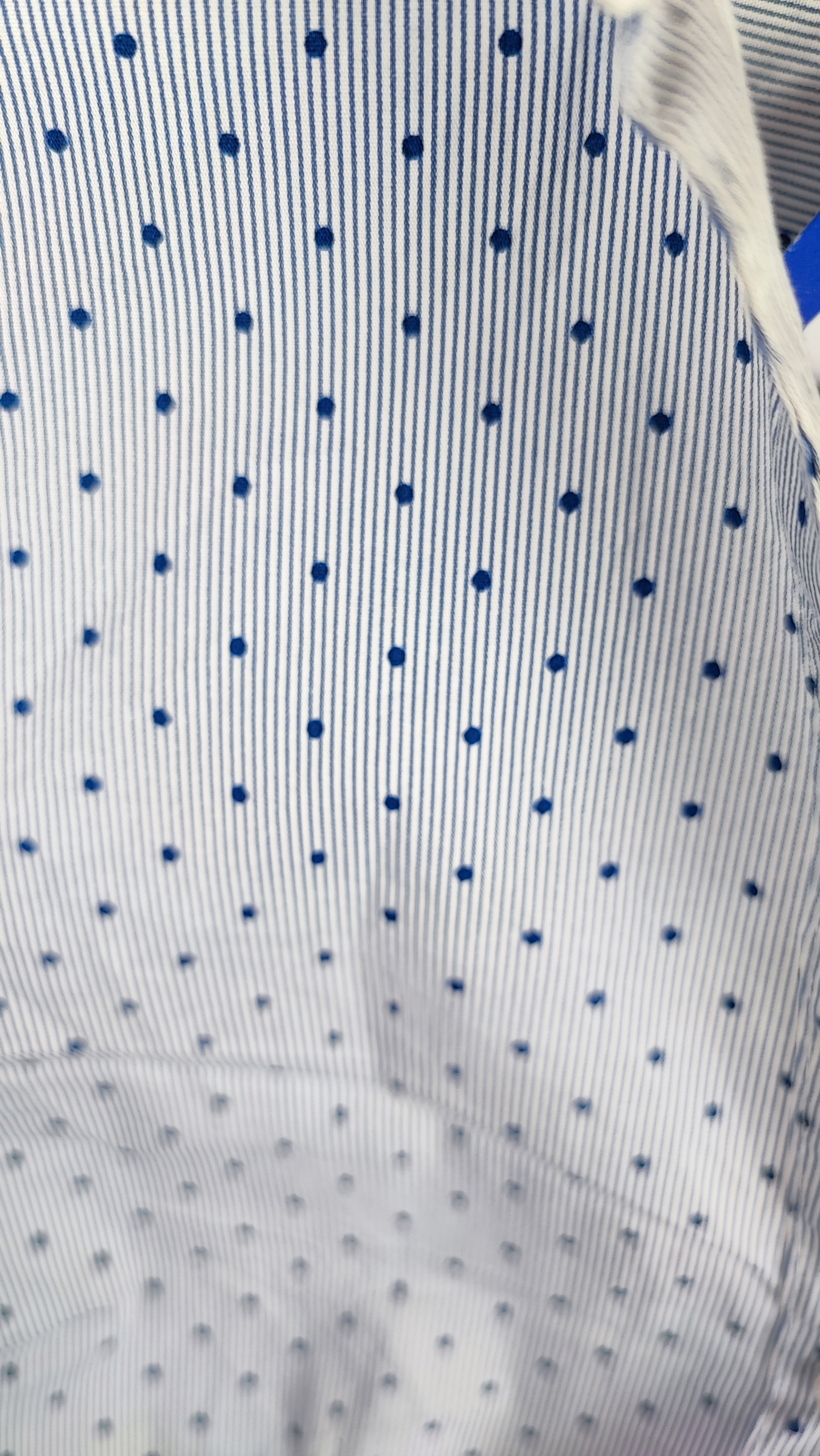 زن با شومیز آبیروشن دکمهدار و یقهبرگردان، آستینبلند و بدون طرح، در پسزمینه روشن ایستاده است