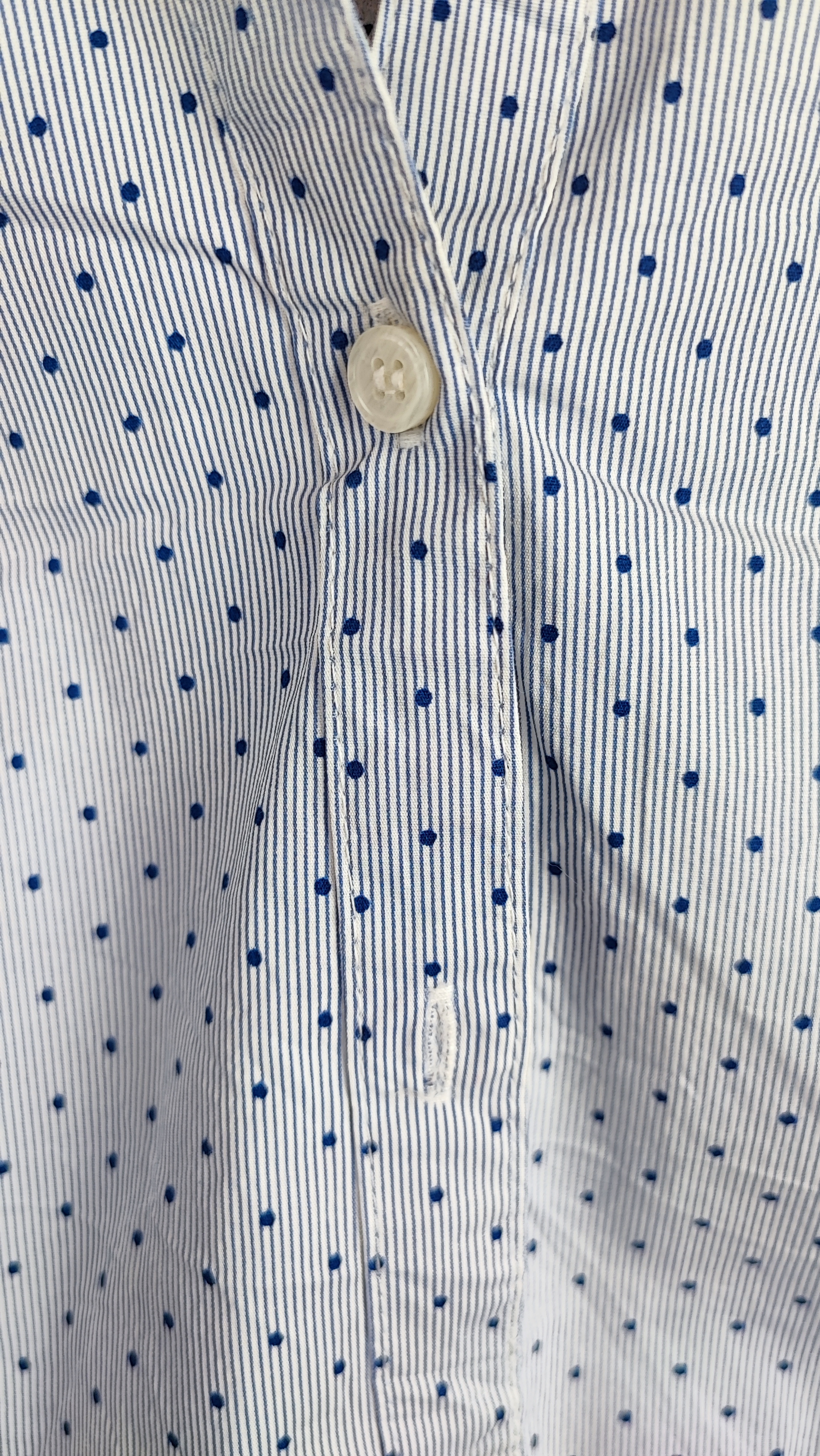 زن با شومیز آبی‌روشن دکمه‌دار و یقه‌برگردان، آستین‌بلند و بدون طرح، در پس‌زمینه روشن ایستاده است