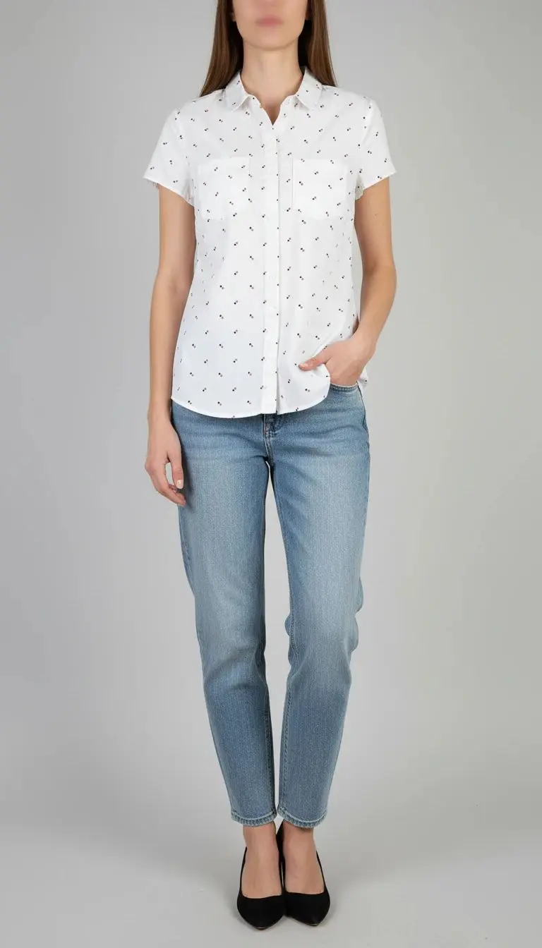 زن ایستاده با شومیز سفید آستین‌کوتاه و یقه‌دار، همراه با شلوار جین روشن در پس‌زمینه ساده.»