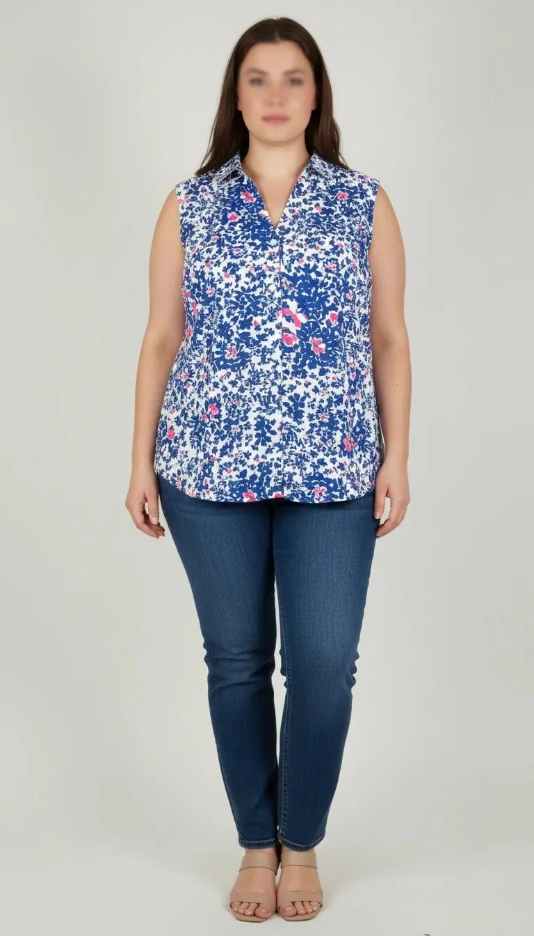 زن سایزبزرگ با تاپ بدون‌آستین آبی طرح‌دار و شلوار جین در پس‌زمینه ساده.»