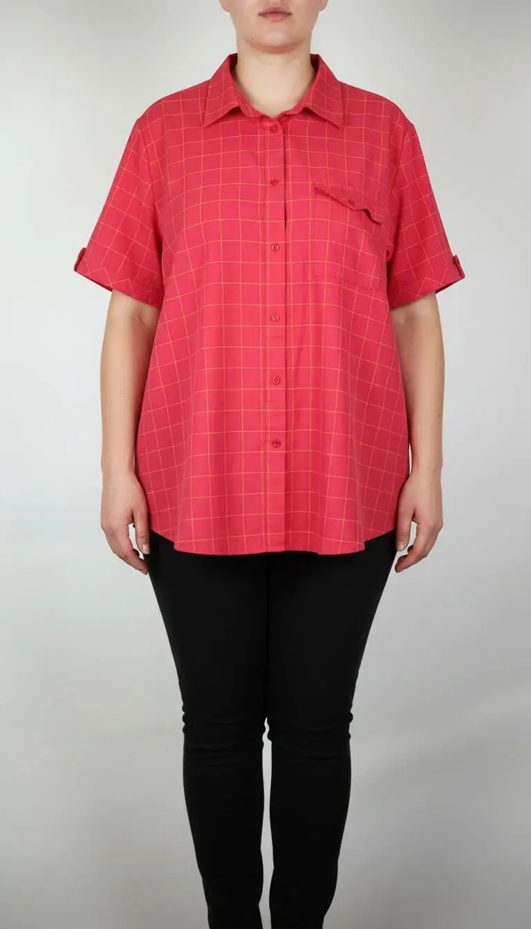 زن سایزبزرگ با شومیز آستین‌کوتاه قرمز و شلوار مشکی در پس‌زمینه ساده.»