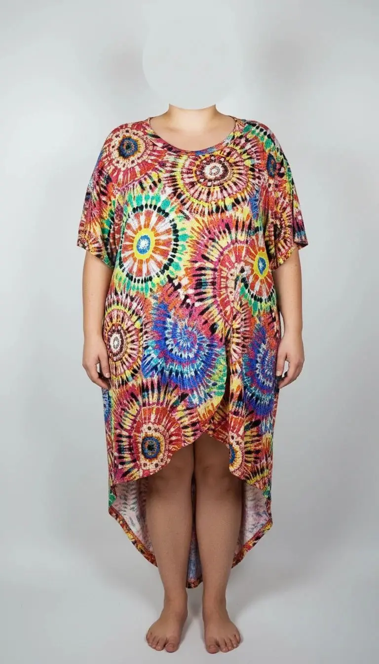 تونیک زنانه طرحدار چندرنگ با قد جلوی کوتاه و پشت بلند روی تن مدل، پسزمینه روشن.»