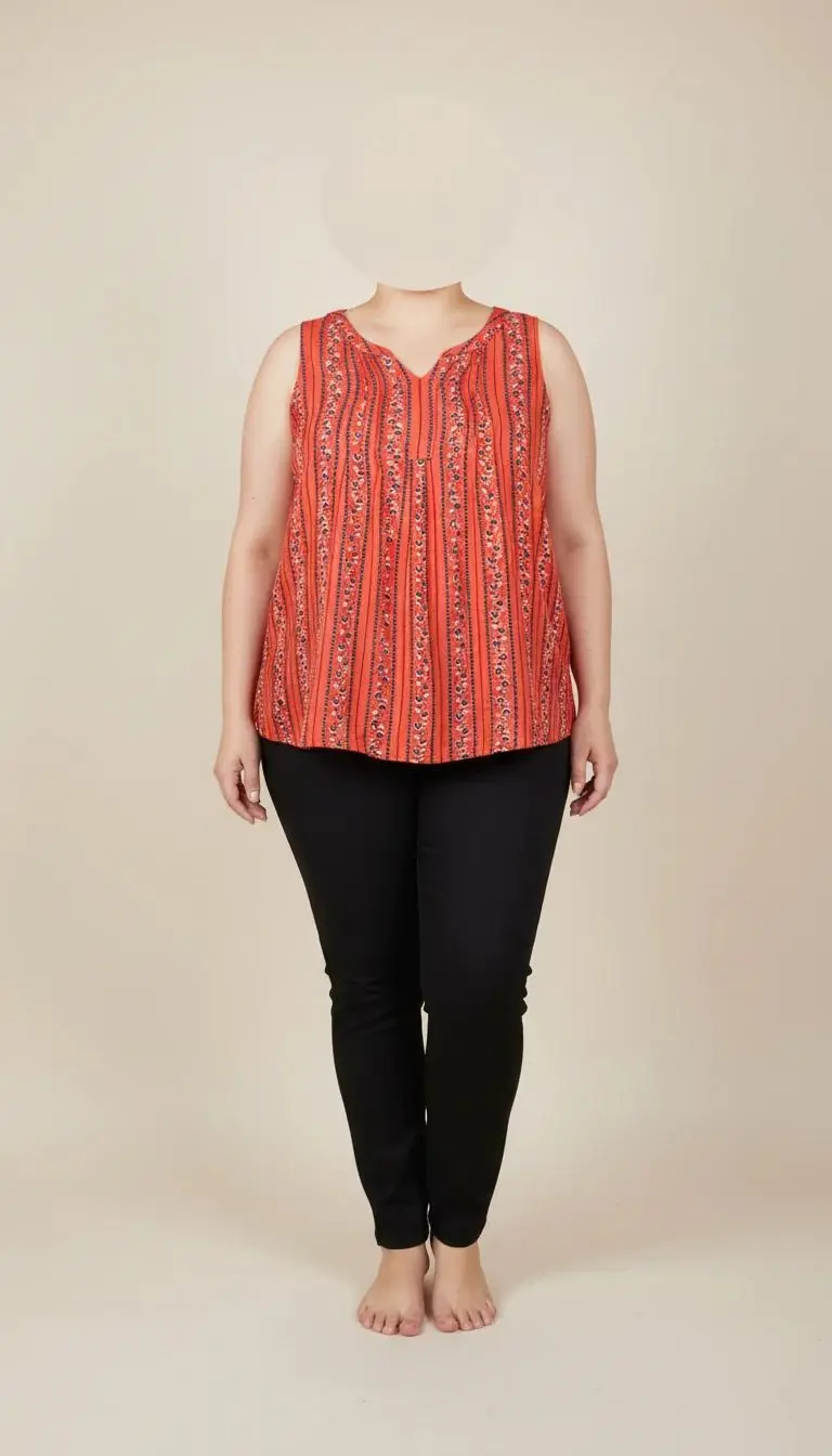 تاپ زنانه سایز بزرگ نارنجی طرح‌دار بدون آستین، یقه هفت، روی تن مانکن با شلوار تیره در پس‌زمینه خنثی.»