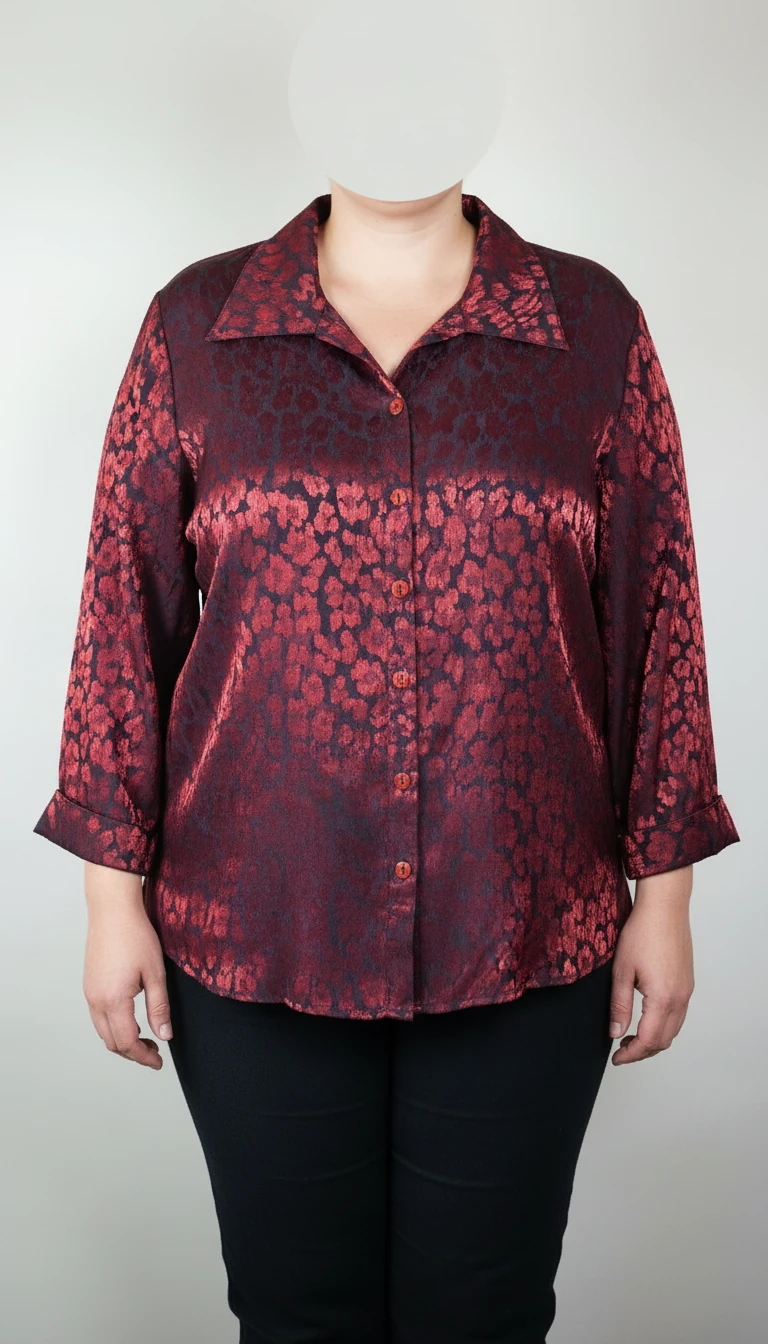 شومیز زنانه سایز بزرگ به رنگ زرشکی طرح‌دار با آستین سه‌ربع و فرم آزاد روی تن مانکن، پس‌زمینه روشن.»