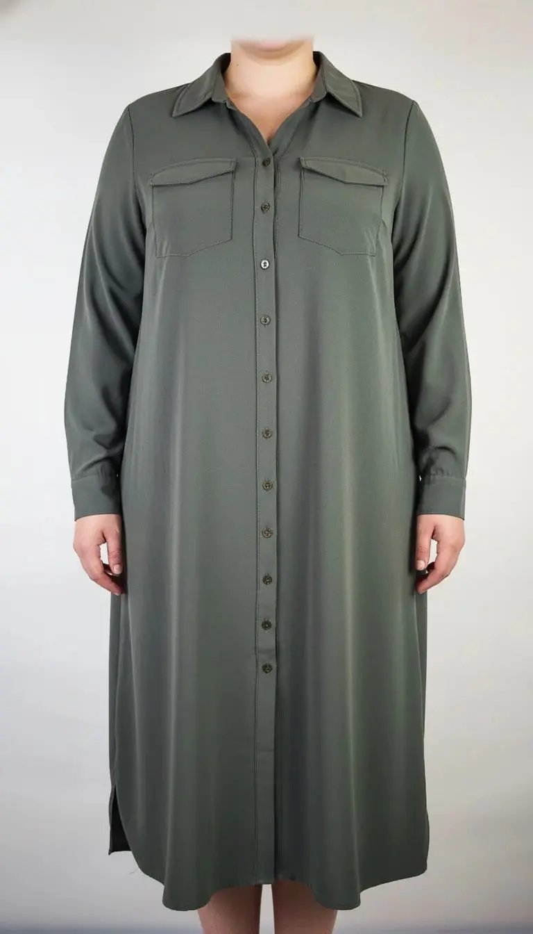 شومیز مانتویی زنانه سبز زیتونی سایز بزرگ با آستین بلند و فرم راسته روی تن مدل، پس‌زمینه روشن.