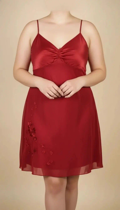 پیراهن زنانه استوک قرمز براق با بند نازک، مناسب سایز ۵۰–۵۲، قد ۱۰۰ سانتیمتر و فرم راحت روی تن مدل