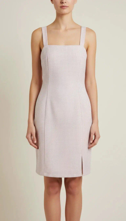 پیراهن زنانه استوک سفید/آفوایت، بدون آستین با یقه صاف و بند ظریف، فرم ساده و مینیمال، قد زیر زانو، تنخور مرتب و شیک، ایستاده روی مدل با پسزمینه روشن.