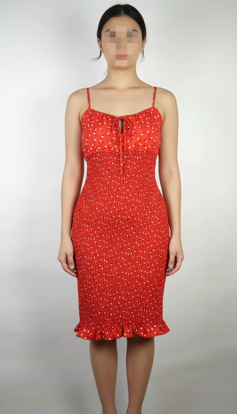 پیراهن زنانه وارداتی استوک قرمز، بنددار، یقه گرد باز، فرم نیمهچسبان تا بالای زانو، عرض سینه ۴۶ و قد ۸۷ سانتیمتر، مناسب استایل مهمانی و رسمی، عکاسی شده روی تن با پسزمینه ساده روشن.