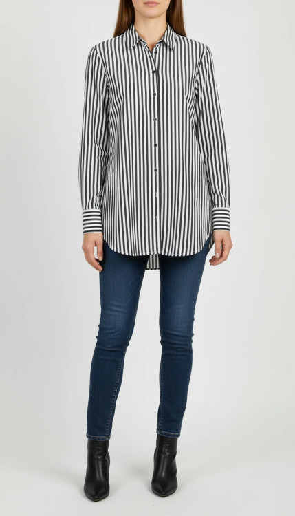 شومیز زنانه وارداتی استوک راهراه طوسی، آستین بلند، یقه کلاسیک، تنخور مرتب و راحت، مناسب سایز ۳۸ تا ۴۰، استایل روزمره و نیمهرسمی.