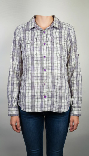 شومیز زنانه وارداتی استوک چهارخانه طوسی با آستین بلند، یقه کلاسیک، طراحی ساده و مرتب، مناسب سایز ۴۰ تا ۴۲، استایل روزمره و نیمهرسمی.