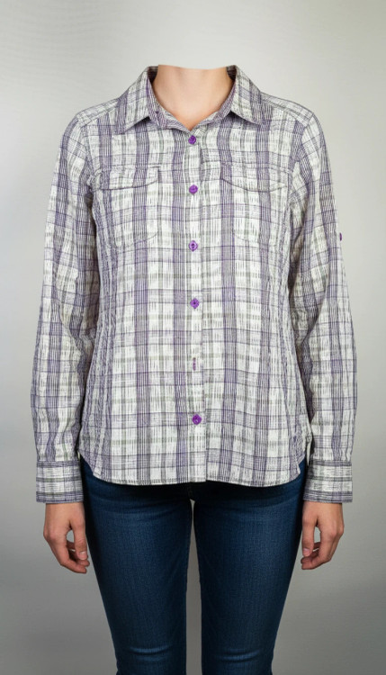 شومیز زنانه وارداتی استوک چهارخانه طوسی با آستین بلند، یقه کلاسیک، طراحی ساده و مرتب، مناسب سایز ۴۰ تا ۴۲، استایل روزمره و نیمهرسمی.