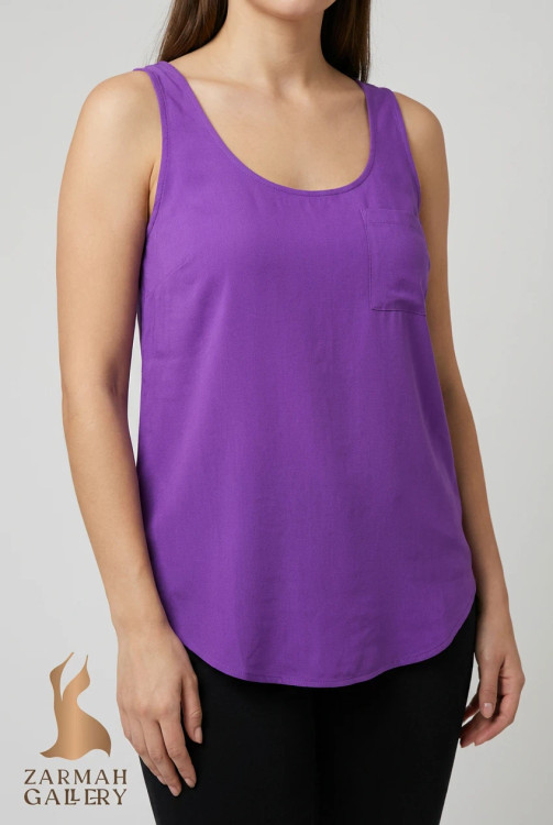 تاپ زنانه وارداتی استوک بنفش، یقه گرد، بدون آستین، تنخور راحت، مناسب سایز ۴۰ تا ۴۲، مناسب استفاده روزمره.