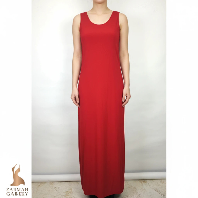 پیراهن زنانه وارداتی استوک قرمز، بلند، بدون آستین، طراحی ساده و شیک، مناسب استایل مجلسی، سایز ۳۸ تا ۴۰.