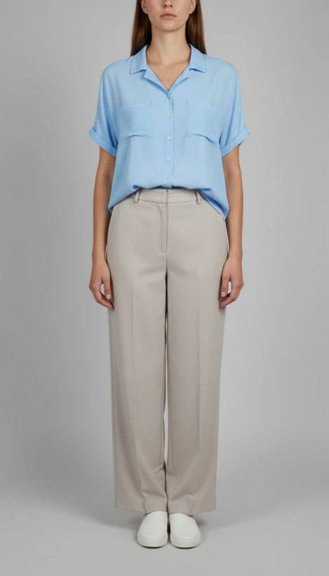 شومیز زنانه وارداتی استوک رنگ آبی روشن، آستین کوتاه، یقه ساده، تنخور فیت و شیک، قد کوتاه، مناسب سایز ۴۰ تا ۴۲، استایل روزمره و مینیمال.