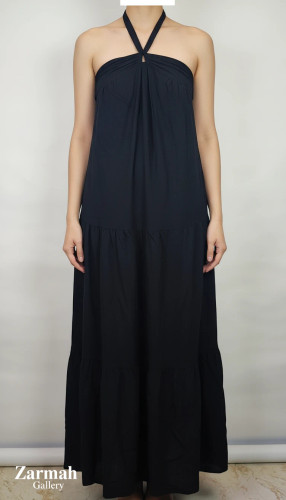 پیراهن زنانه وارداتی استوک مشکی، بنددار ضربدری، قد بلند، طراحی مینیمال و شیک، مناسب استایل مجلسی، سایز ۳۶ تا ۳۸.