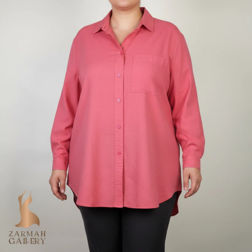 شومیز زنانه وارداتی استوک صورتی، آستین بلند، یقه ساده، تنخور آزاد و راحت، مناسب سایز ۵۴ تا ۵۶، مناسب استایل روزمره و نیمهرسمی.