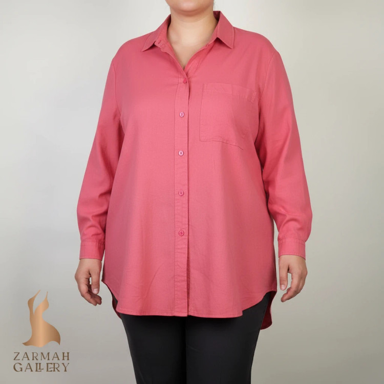 شومیز زنانه وارداتی استوک صورتی، آستین بلند، یقه ساده، تنخور آزاد و راحت، مناسب سایز ۵۴ تا ۵۶، مناسب استایل روزمره و نیمهرسمی.