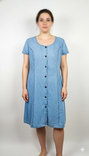 پیراهن جین آبی روشن زنانه قد متوسط مدل دکمهدار وارداتی کد ۱۵۶۴ گالری زرما