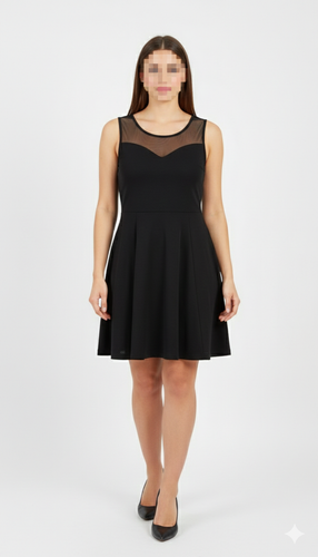 پیراهن کوتاه مشکی مجلسی زنانه با جزئیات تور در قسمت یقه و دکلته کد ۱۱۶۲ استوک اروپایی